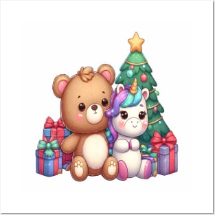 Cute Christmas Bear with his Unicorn Friend Kawaii Posters and Art